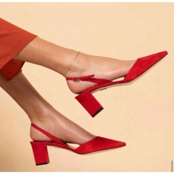 Tamara Mellon NWOB Liaison 55 Red Suede Pointed Toe Low Heel Slingback Pumps 37 - Picture 11 of 11